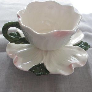 Vintage 1970`s cup and saucer is in the shape of a dogwood flower